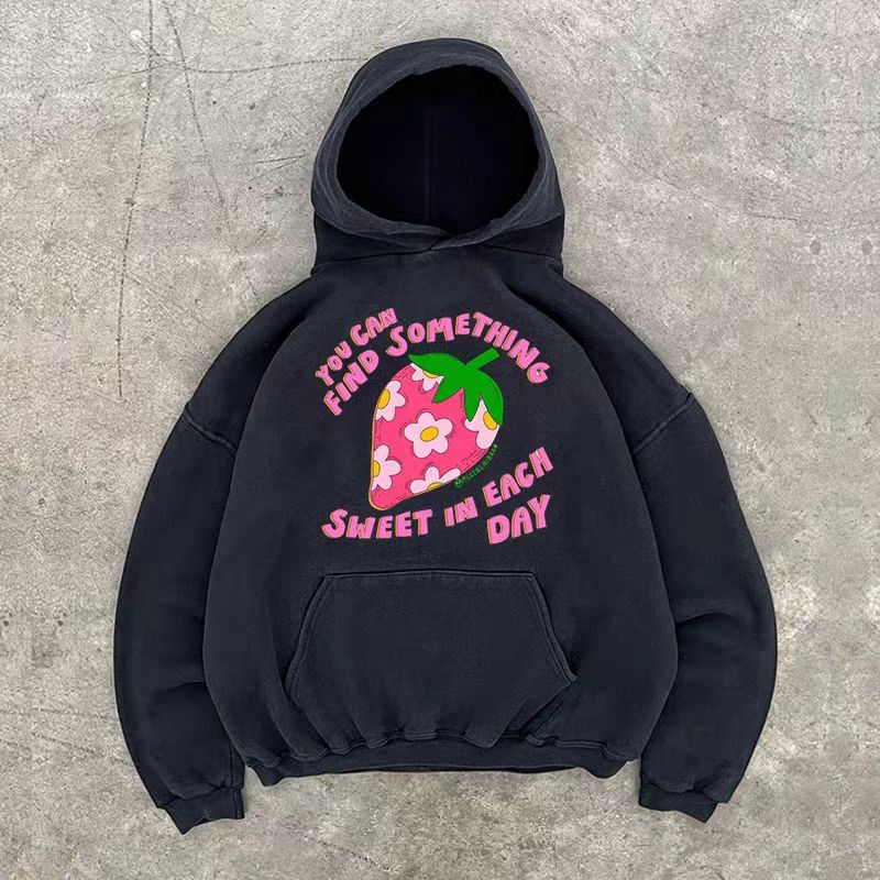 Japanese Brand × Vintage Black washed retro strawberry print loose hoodie Size US L / EU 52-54 / 3 - 1 Thumbnail