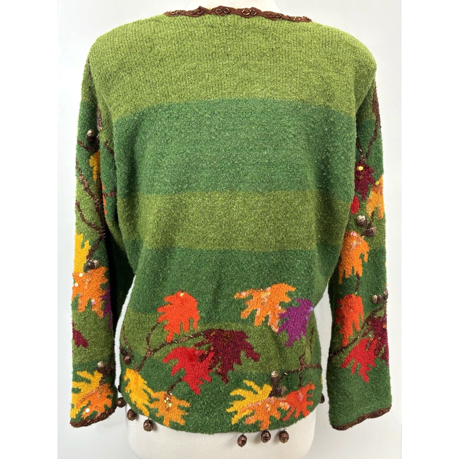X-LARGE VINTAGE Design Options Sweater Cardigan Women XL Green Leaves Ramie Blend 3D Acorns Sequin Fall 90s Style Mens? Womens? (Note: Gender at end) Size XL / US 12-14 / IT 48-50 - 3 Thumbnail