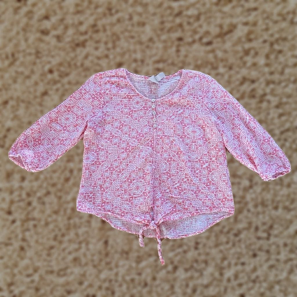 Vintage Chico's Chicos Shirt Blouse Womens Medium Pink White Gauze Tie Waist 3/4 Sleeve V-Neck Button Pullover Casual Everyday Shirt Womens Size M / US 6-8 / IT 42-44 - 1 Thumbnail