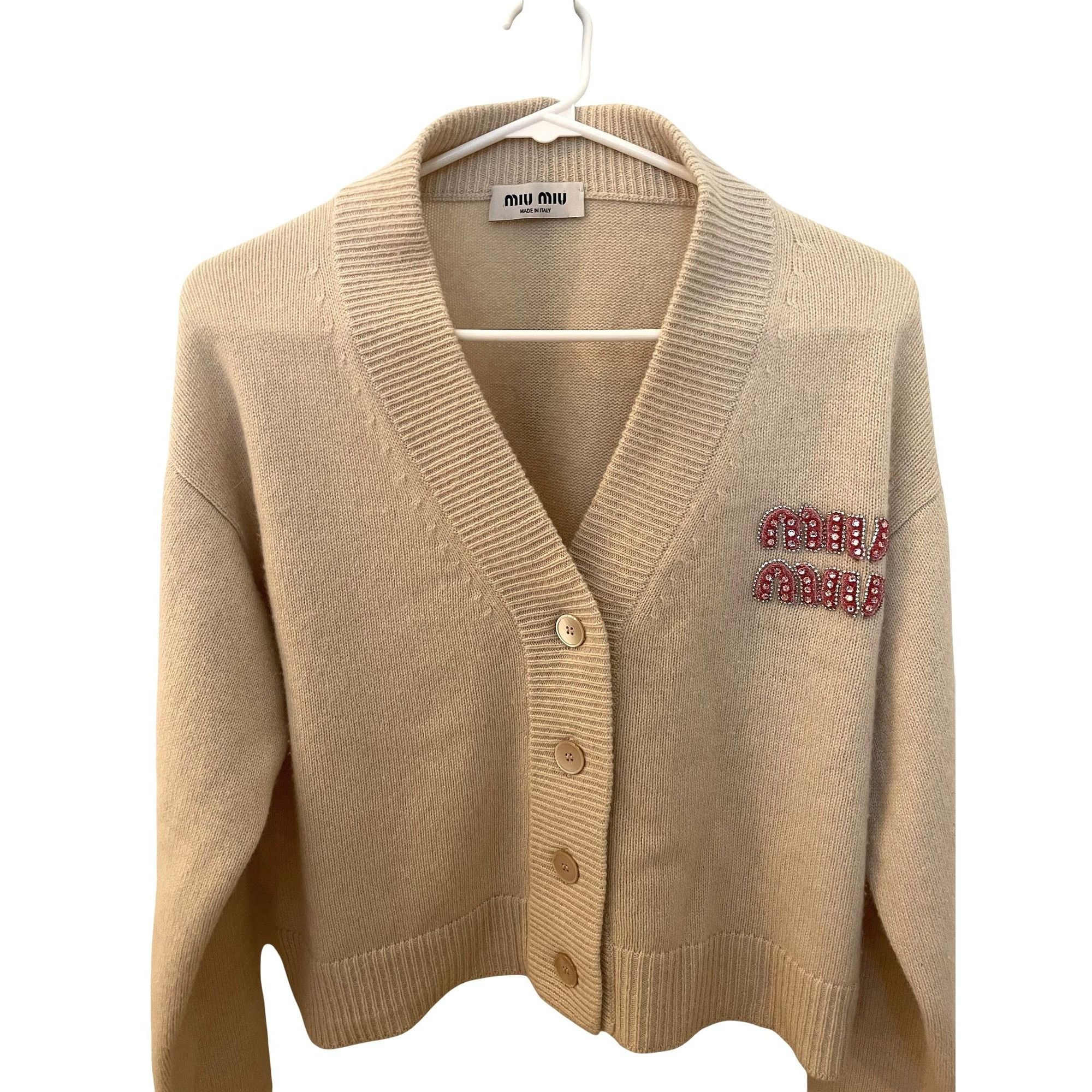 Miu Miu Miu Miu Womens Beige Knit Wool Button-Up Cardigan