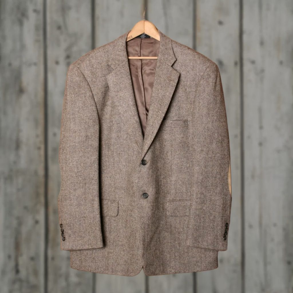 Stafford STAFFORD Brown Herringbone Tweed Wool Sport Coat w/Leather Elbow Patches Sz. 44R Size US S / EU 44-46 / 1 - 1 Thumbnail