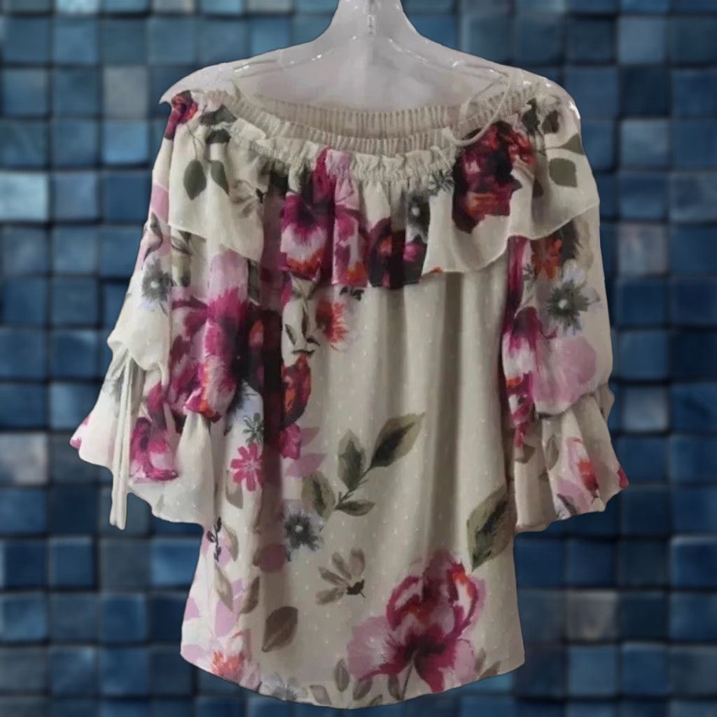 White House Black Market WHBM White House Black Market Blouse Womens XS Gray Purple Floral Ruffle NEW NWT Size XS / US 0-2 / IT 36-38 - 1 Thumbnail