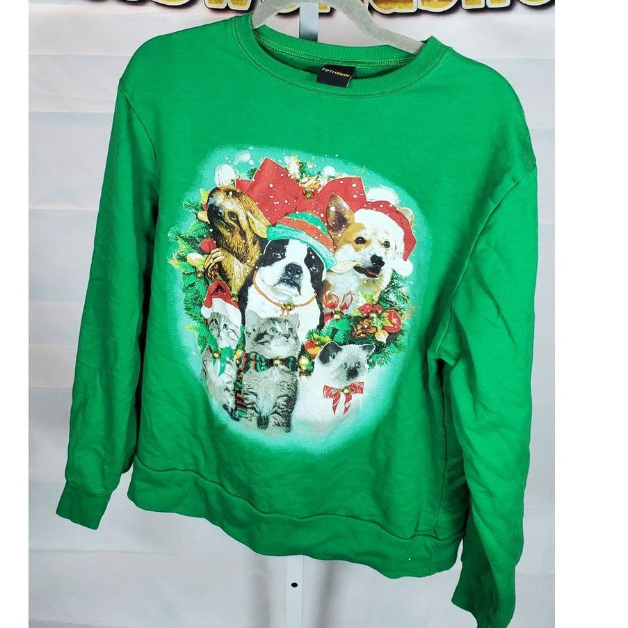 Other Green Ugly Christmas Sweater Dogs Cats Graphic Bells Large Size L / US 10 / IT 46 - 1 Thumbnail
