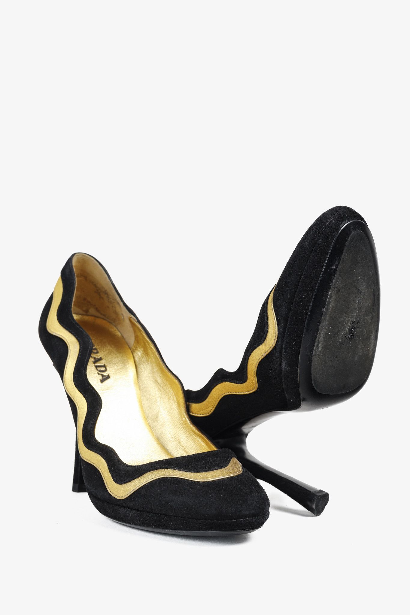 Prada Prada SS/08 Black & Gold Suede Wavy-Stripe Scalloped Heels Size US 6.5 / IT 36.5 - 4 Thumbnail