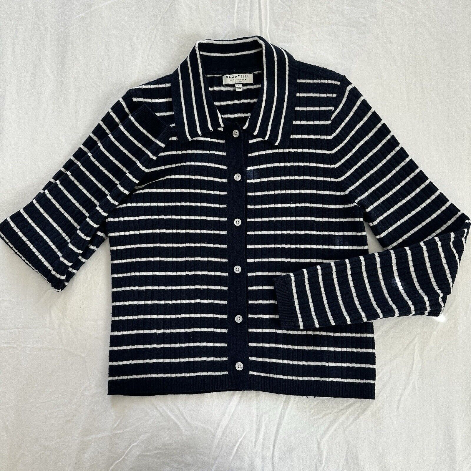 Other Navy White Striped Ribbed Cardigan Sweater Bagatelle Size M Size M / US 6-8 / IT 42-44 - 1 Thumbnail