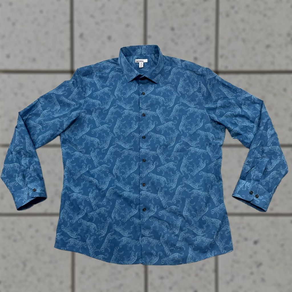 Bar III BAR III JAGUAR Dress Shirt Men XL 17 17.5 Teal Blue Cat Print Button Shirt 50" Size 46R - 1 Thumbnail