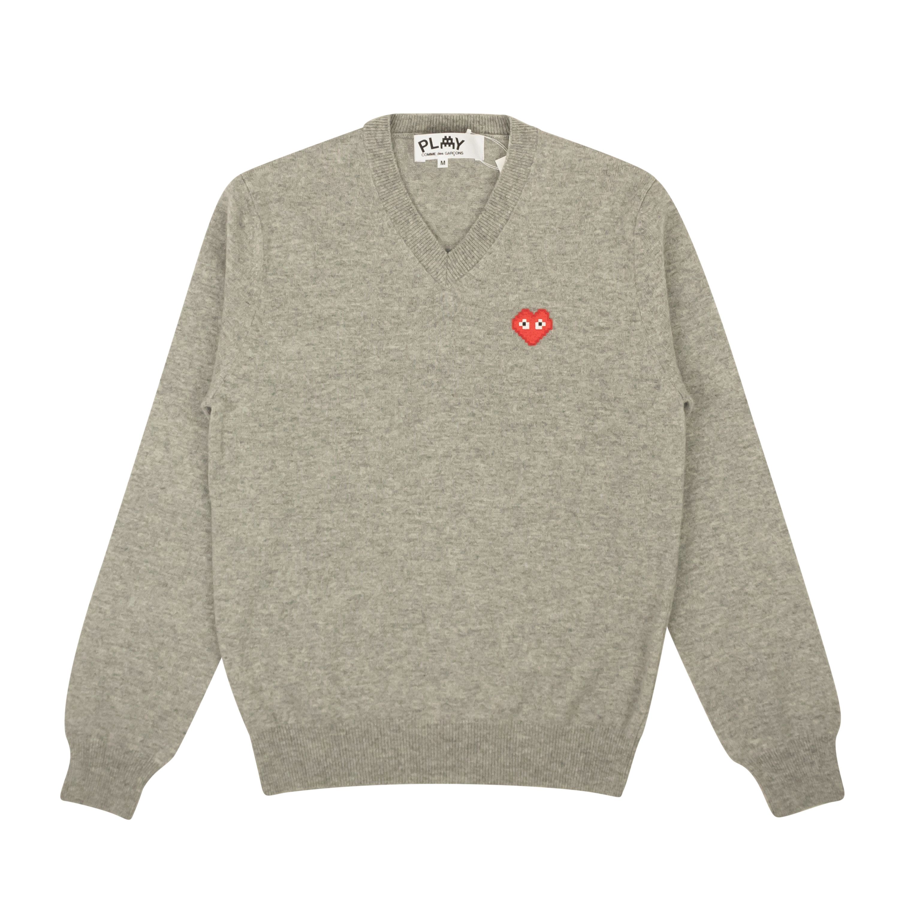 image of Comme Des Garcons Play Heather Grey Heart V-Neck Sweater Size S, Men's