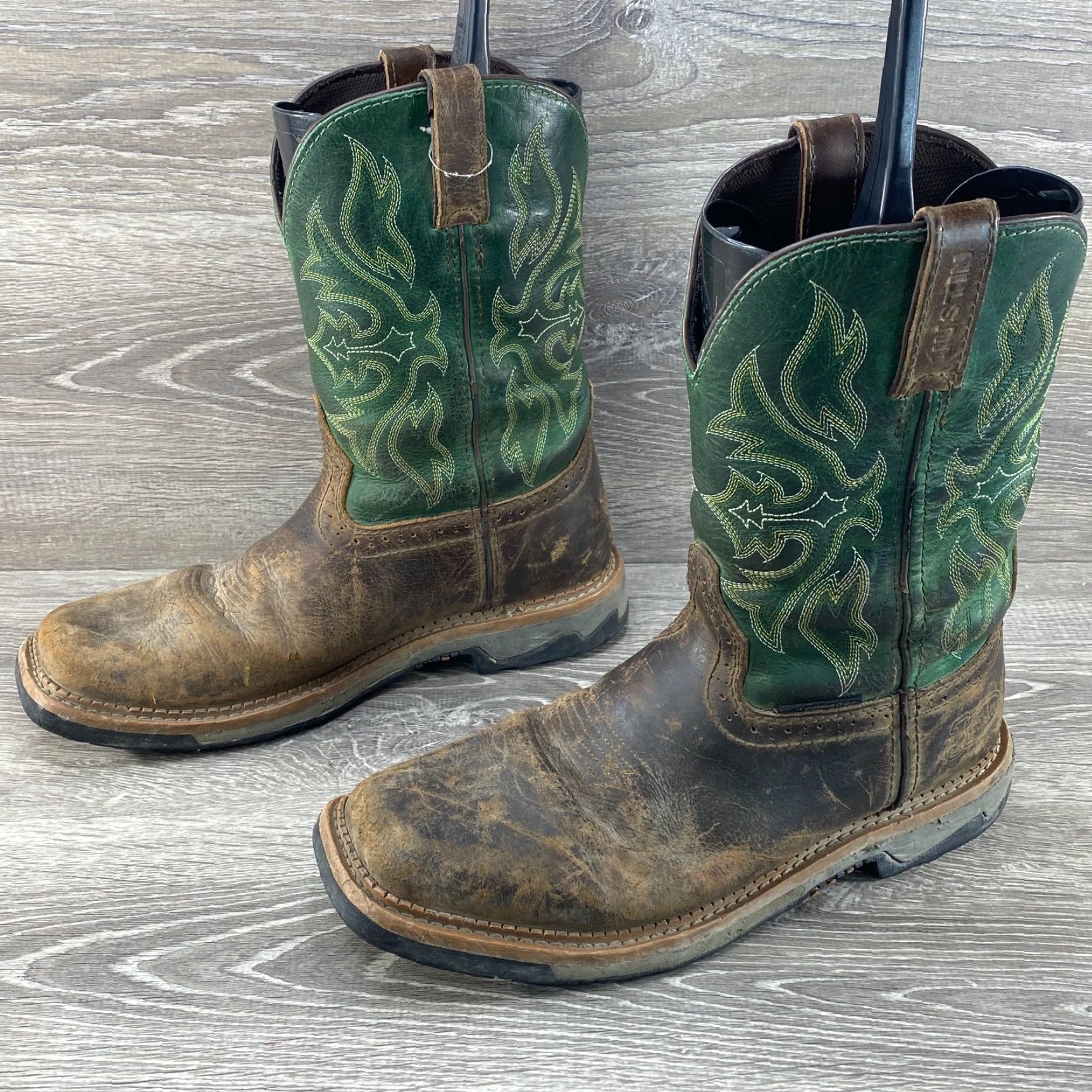 Justin Boots Justin Mens 9 D Waterproof Boots Work Cowboy Leather Square Toe Brown Green Boots Mens Size US 9 / EU 42 - 5 Thumbnail