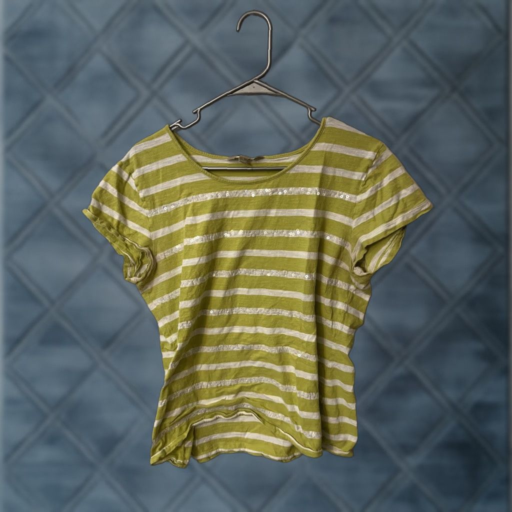 Banana Republic Banana Republic Women's T-Shirt Green Striped Short Sleeve Round Neck 100% Cotton Sequin Top L Regular All Seasons Vintage: No Size L / US 10 / IT 46 - 1 Thumbnail