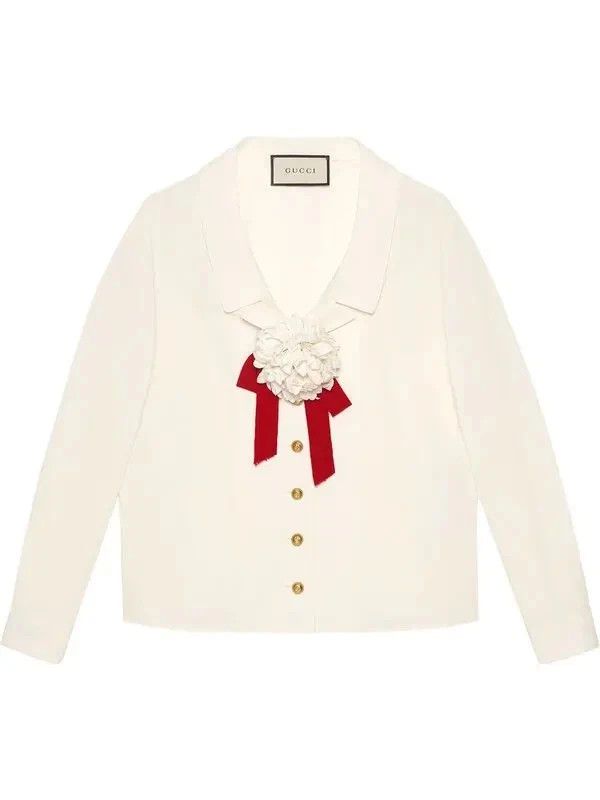 Gucci Gucci White Blouse with Red & White Floral Brooch Detail Size L / US 10 / IT 46 - 1 Thumbnail
