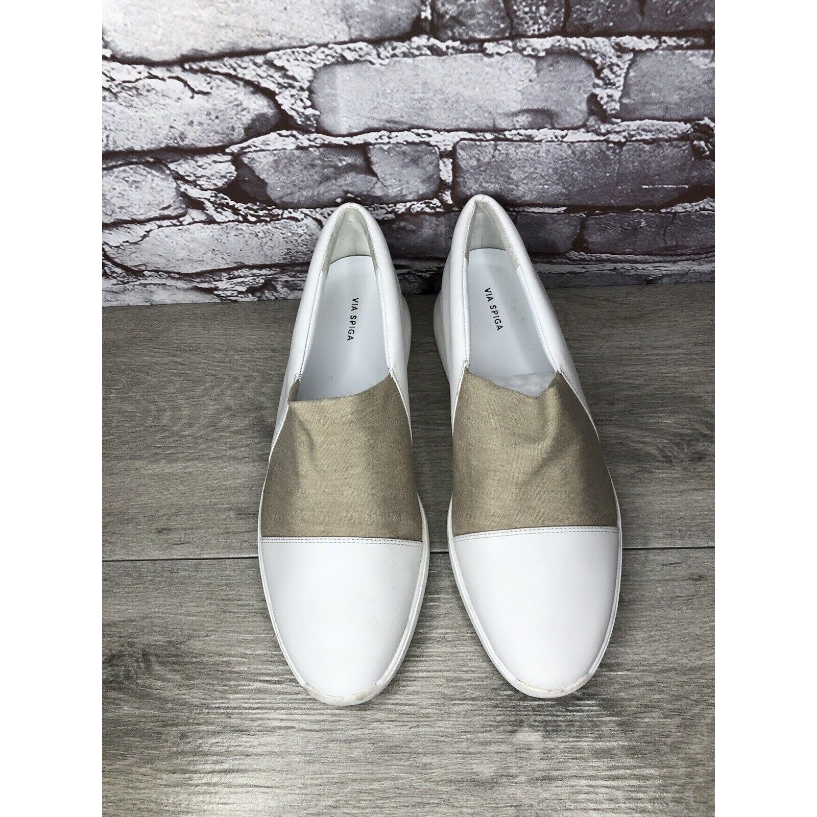 Other Via Spiga White Leather Beige Fabric Slip On Sneakers Women’ Size US 9.5 / IT 39.5 - 18 Thumbnail