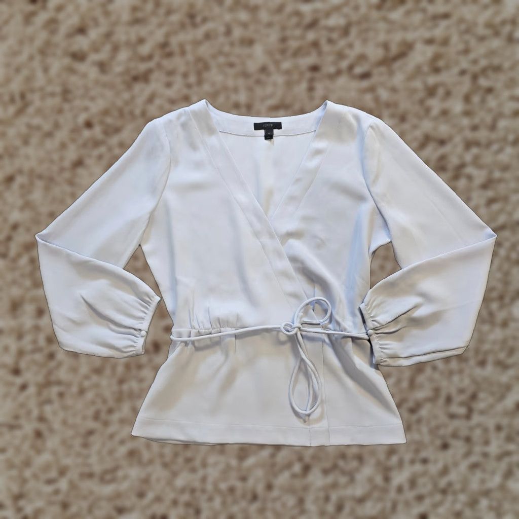 J.Crew J.CREW Top Womens 6 Blue V-Neck Peplum Belted Long Sleeve Zip Office Blouse Shirt Poplin Polyester Casual Classic Size M / US 6-8 / IT 42-44 - 1 Thumbnail