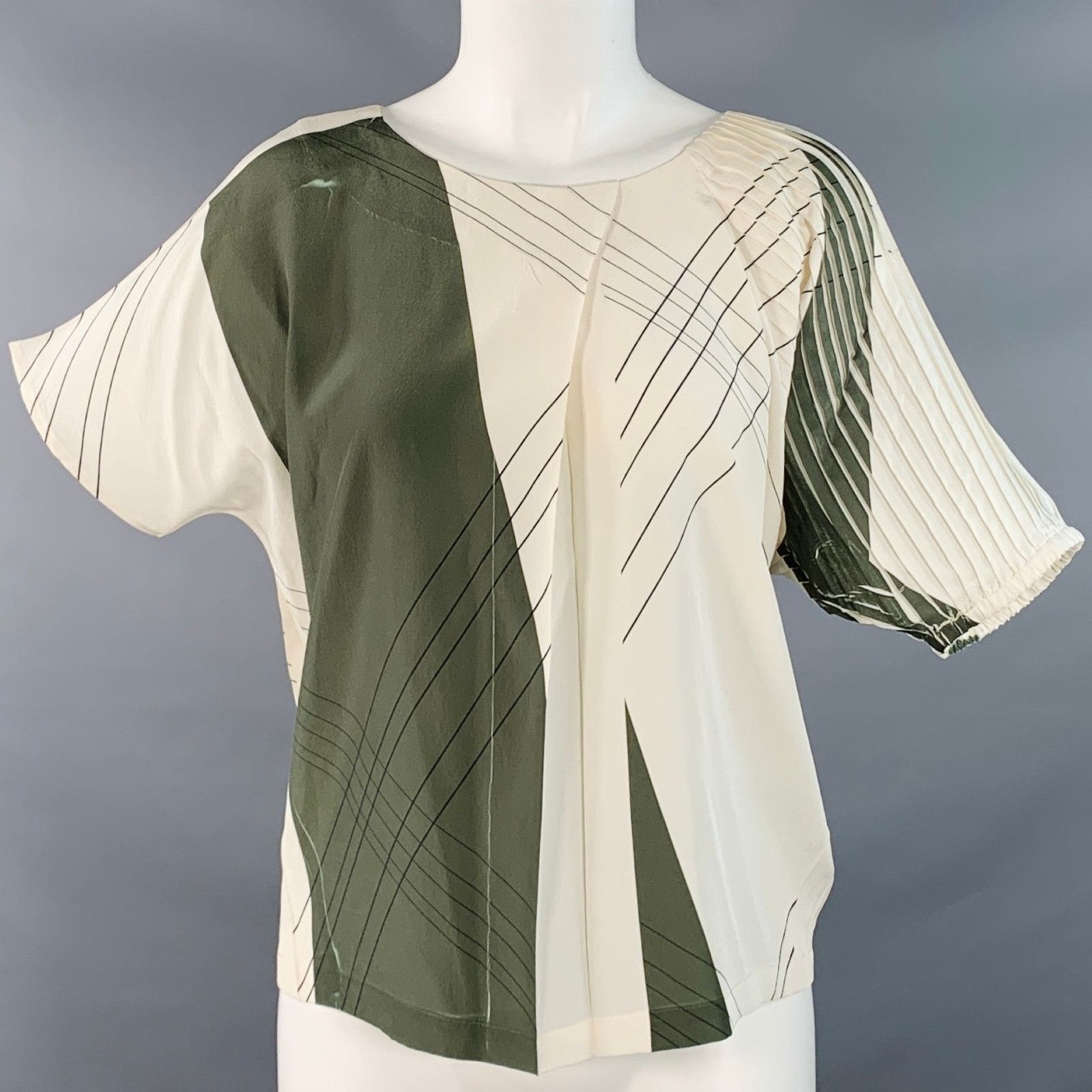 Cotelac COTELAC Cream Green Polyester Stripe Pleated Top Size XS / US 0-2 / IT 36-38 - 1 Thumbnail