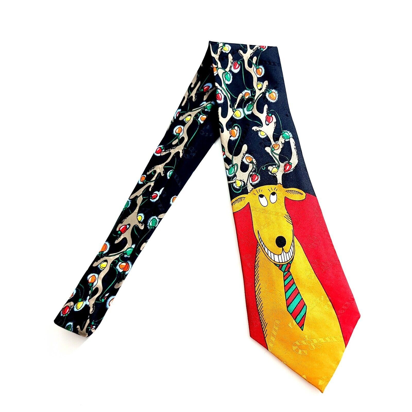 Designer Hallmark Yule Tie Greeting Red Black Reindeer Polyester Wide Size ONE SIZE - 8 Thumbnail