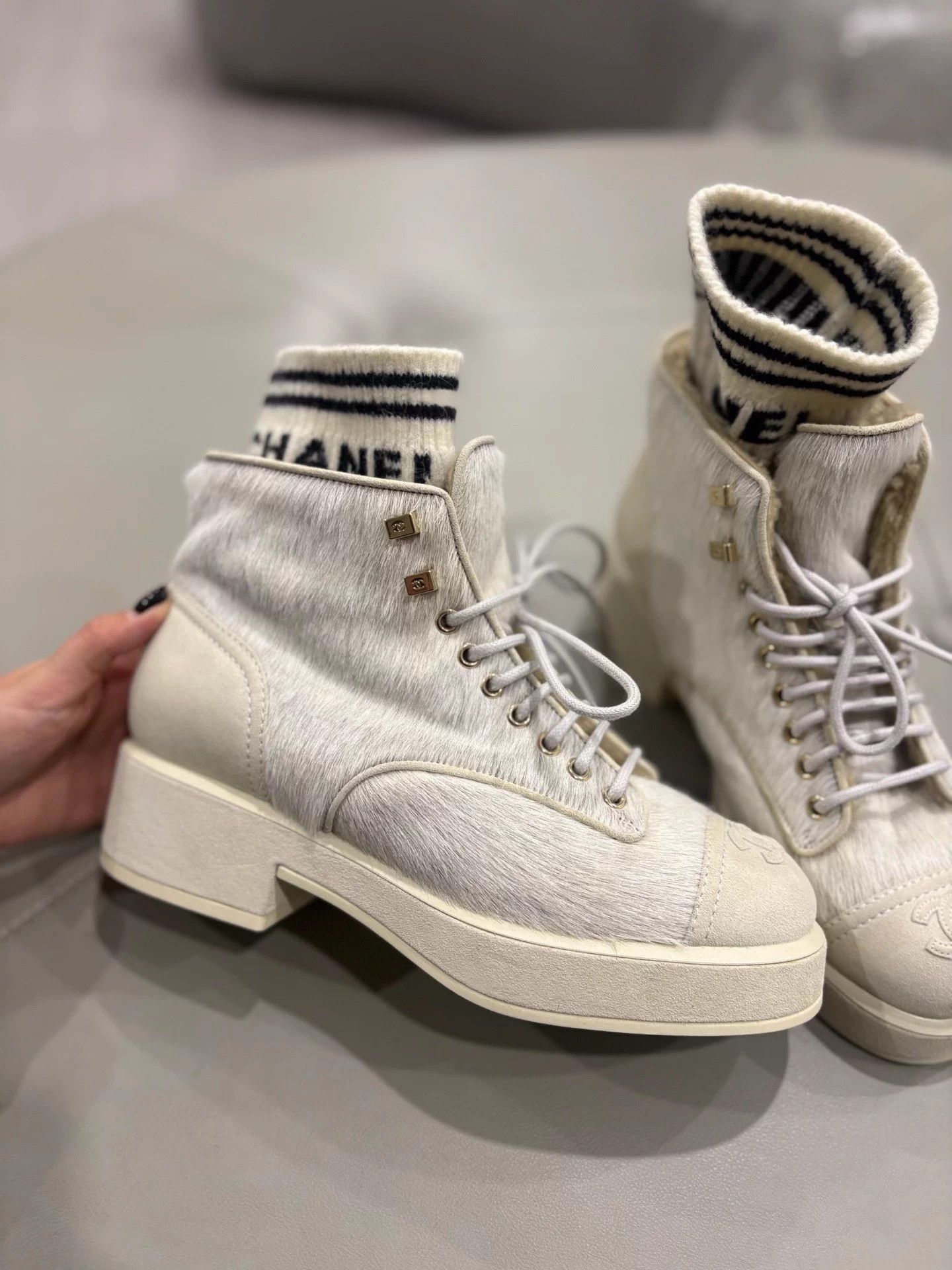 Chanel Chanel White Haircalf Martin Boots w/ Big Logo Knit Socks 38 Size US 7 / IT 37 - 3 Thumbnail