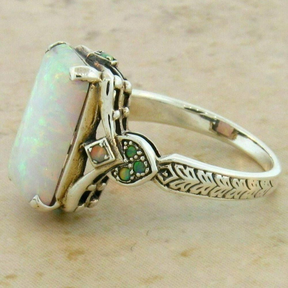 Designer Victorian Style Square White Fire Opal Silver Ring - Size 7 Size ONE SIZE - 3 Thumbnail