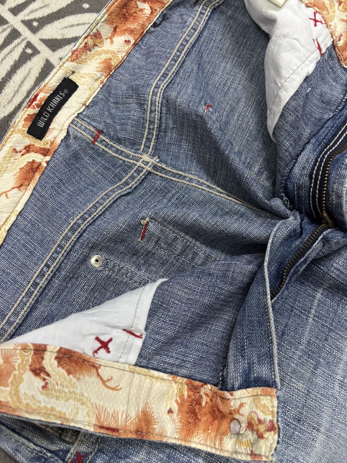 Karakuri Tamashii Vintage Japanese Brand Floral Whisker Baggy Distressed Jeans Size US 33 - 18 Thumbnail