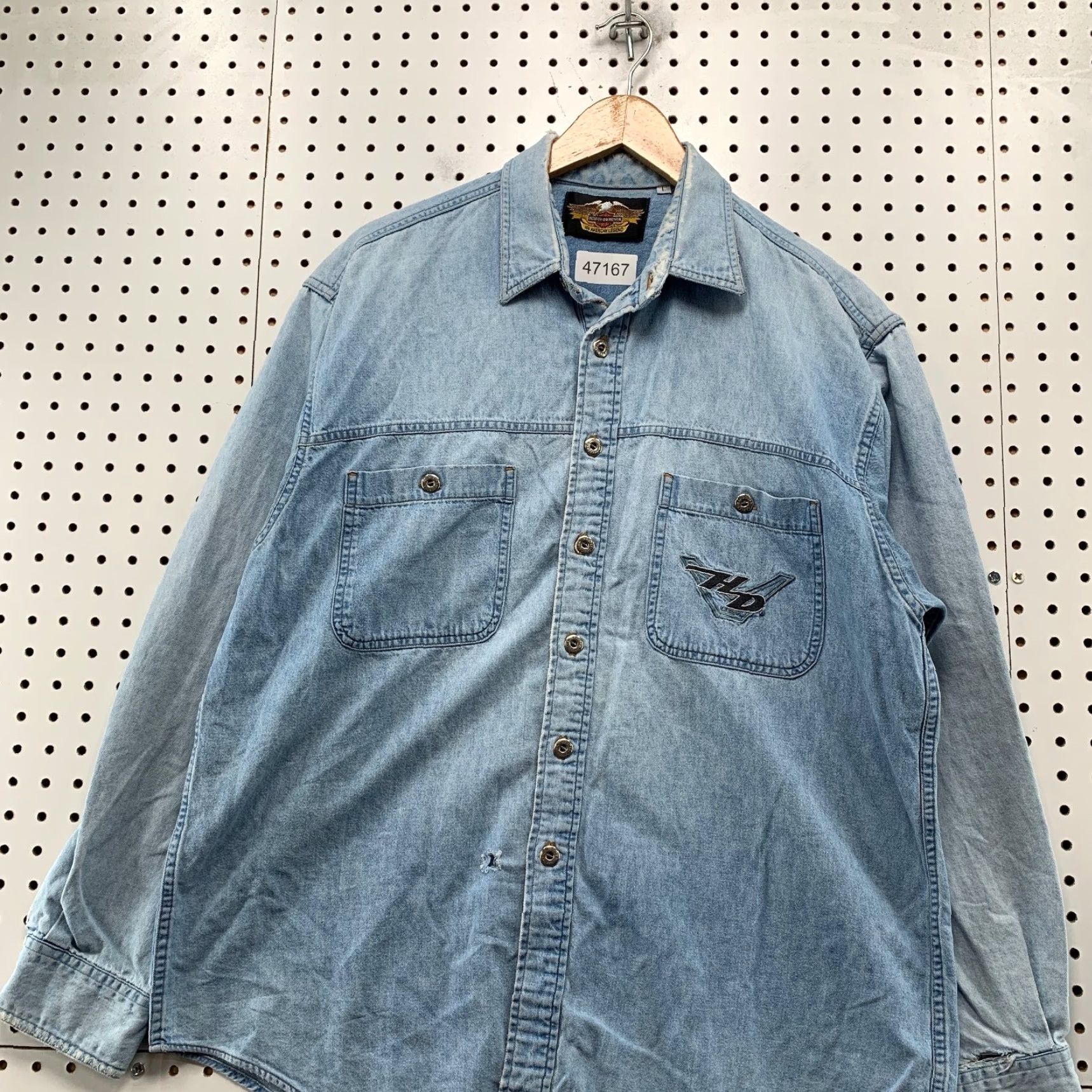 Harley Davidson VINTAGE Harley-Davidson Denim Button Shirt Mens Large Distressed Pocket Biker Size US L / EU 52-54 / 3 - 3 Thumbnail