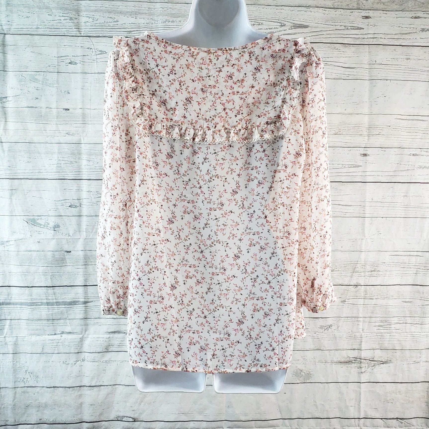 Gap Gap Blouse Pink White Floral Long Sleeve Ruffle Sheer Women’s Sz S Regular Size Small Shirt Size S / US 4 / IT 40 - 4 Thumbnail