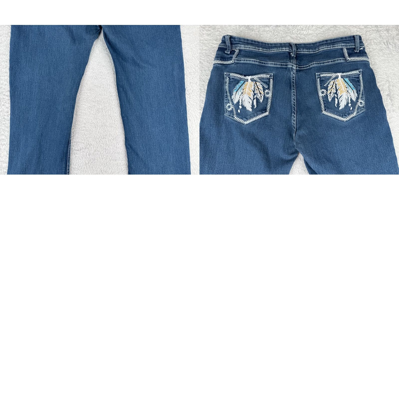 Denime Women Jeans Bootcut Denim 34x31 Mid Rise Blue Embroidered Feathers 34 Waist 34 Inseam Cotton Blend Cowboy Southwestern Casual Mens? Size 24" / US 00 / IT 34 - 10 Thumbnail
