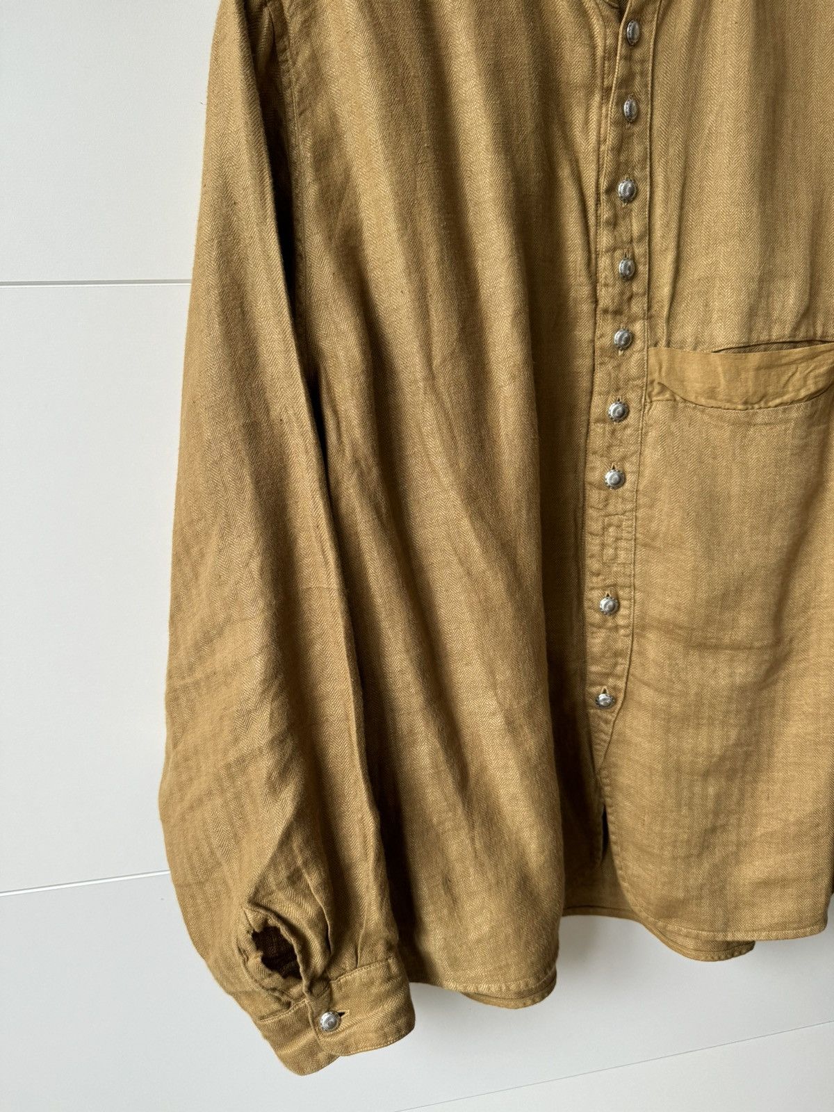 Kapital [2] Gauze Linen Herringbone Stand Penny Shirt in Gold (SS23) Size US M / EU 48-50 / 2 - 3 Thumbnail