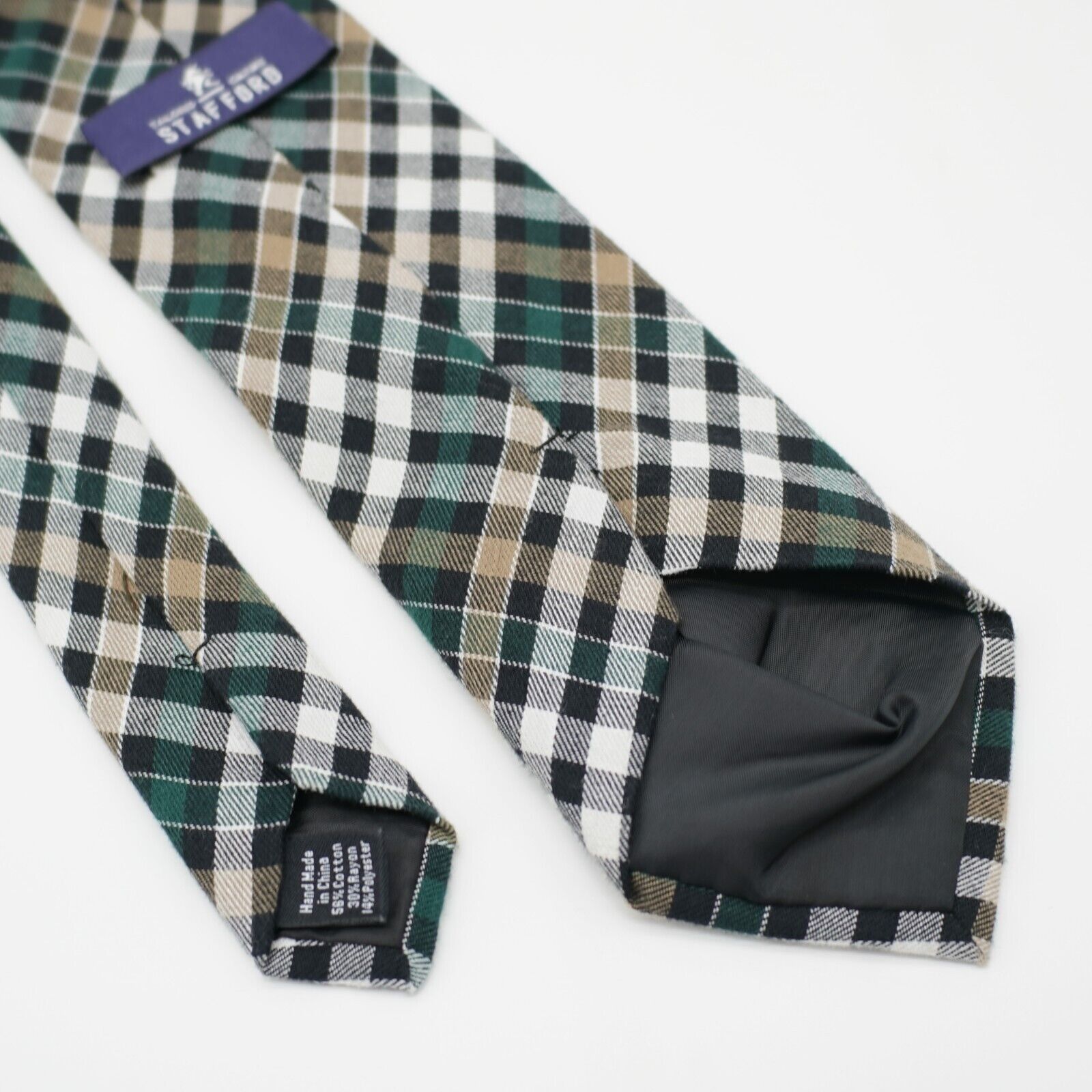 Stafford Stafford Green Tan Plaid Cotton Blend Tie Size ONE SIZE - 5 Thumbnail