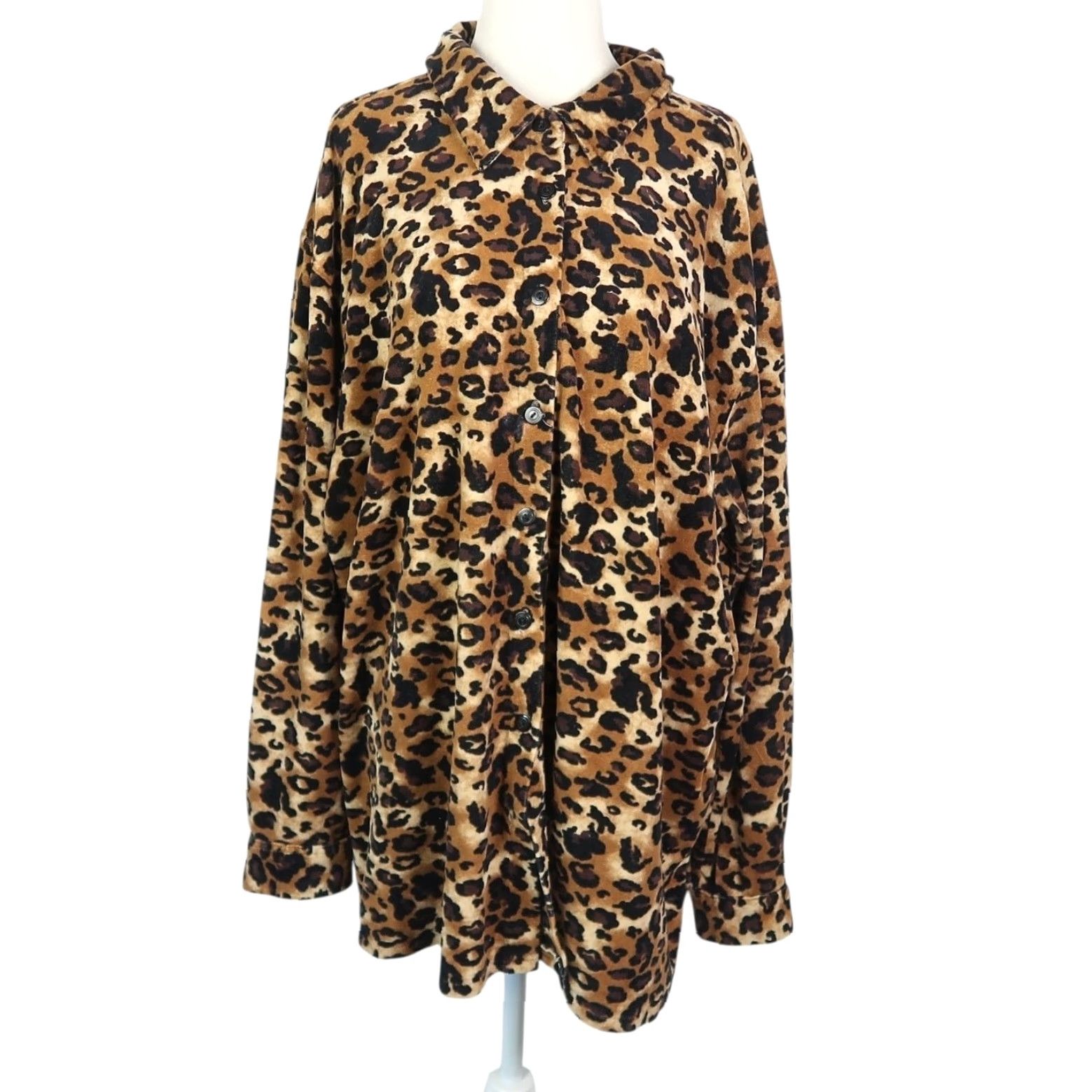 Velvet VINTAGE 90s Brown Leopard Print Velvet Button-Down Top Fuzzy Faux Fur Long Sleeve XL Women Size XL / US 12-14 / IT 48-50 - 2 Thumbnail