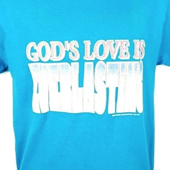 Tultex VINTAGE Tultex God’s Love Is Everlasting T Shirt Mens Size S Blue 90s Christian Graphic Tee Crew Neck Short Sleeve Size US S / EU 44-46 / 1 - 2 Thumbnail