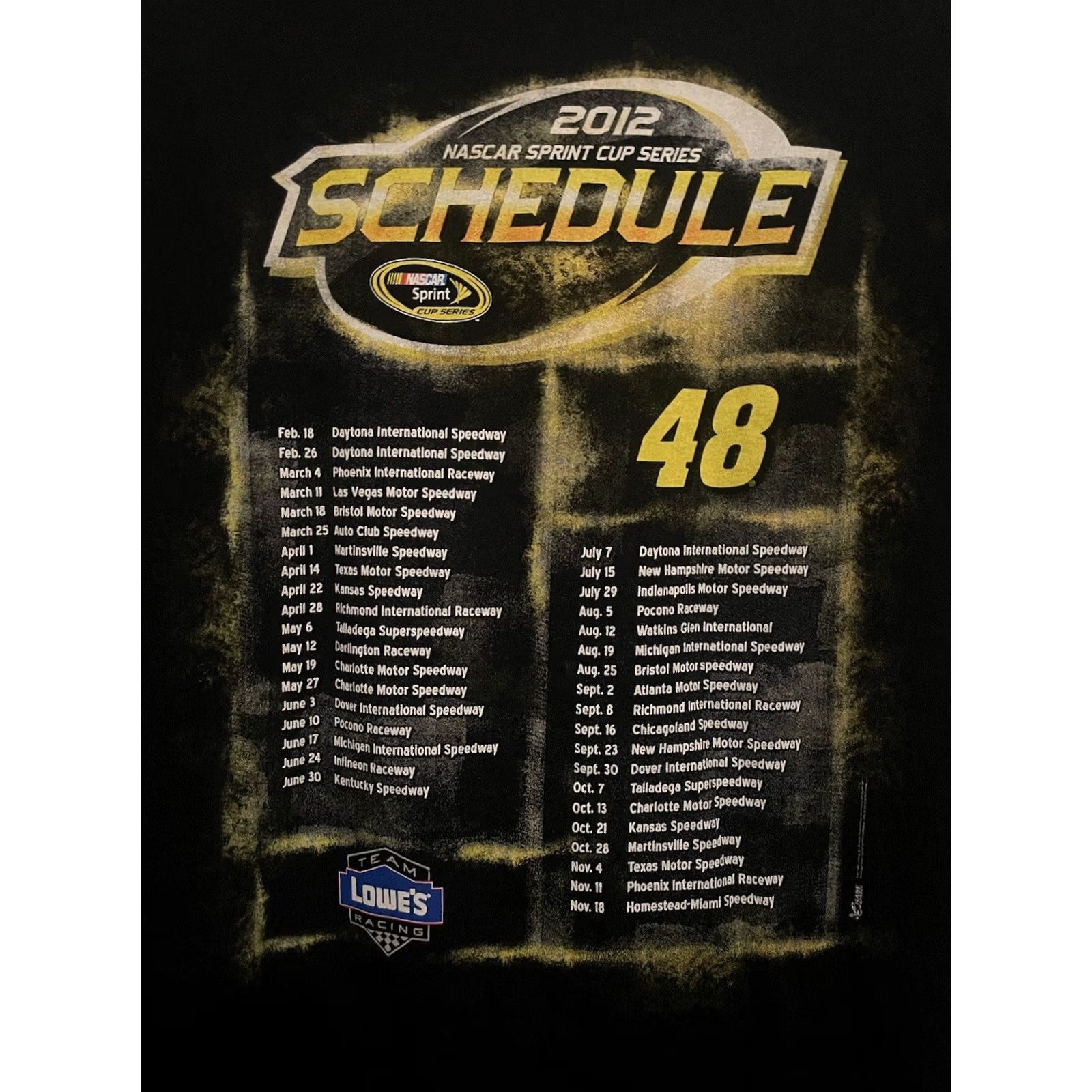 NASCAR Jimmie Johnson NASCAR Men XL T-Shirt 2012 Sprint Cup Series Schedule (E31) Black Graphic Tee Short Sleeve Cotton Round Neck Size US XL / EU 56 / 4 - 6 Thumbnail