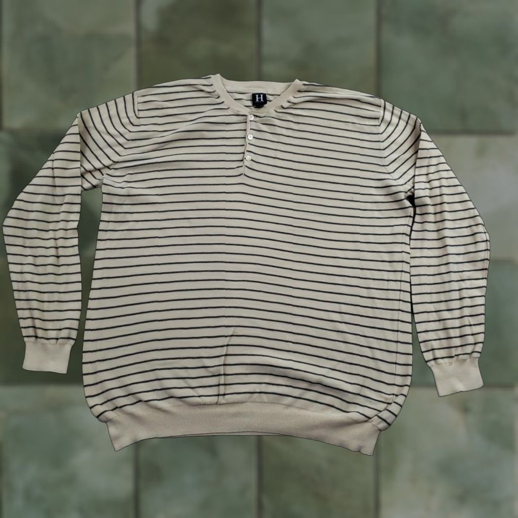 Tommy Hilfiger Hilfiger Sweater Mens 2XL Beige Navy Stripe Cotton Henley Crewneck Pullover Size US XXL / EU 58 / 5 - 1 Thumbnail