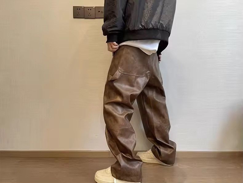 Leather Washed Brown Soft Pu Leather Pant Size US 34 / EU 50 - 3 Thumbnail