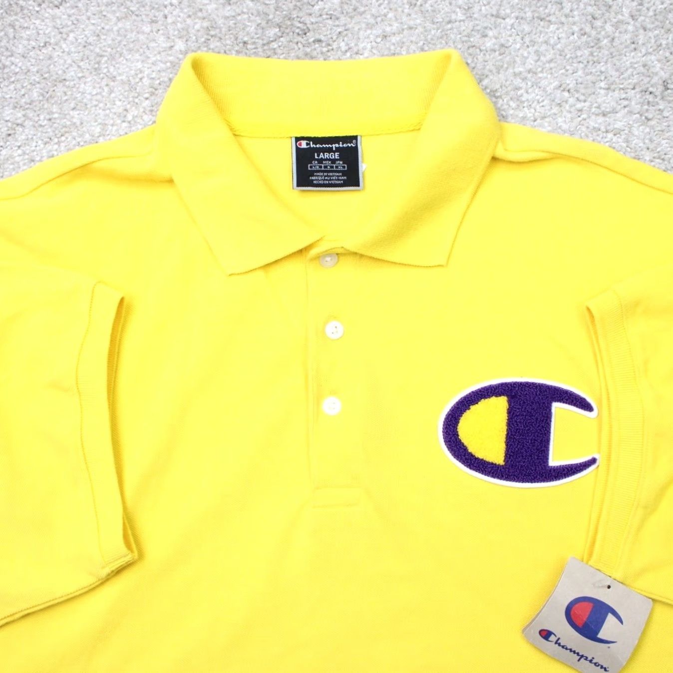 Champion Champion Polo Shirt Men Large Yellow/Purple Embroidered S/S 100% Cotton Golf Casual NWT Size US L / EU 52-54 / 3 - 2 Thumbnail