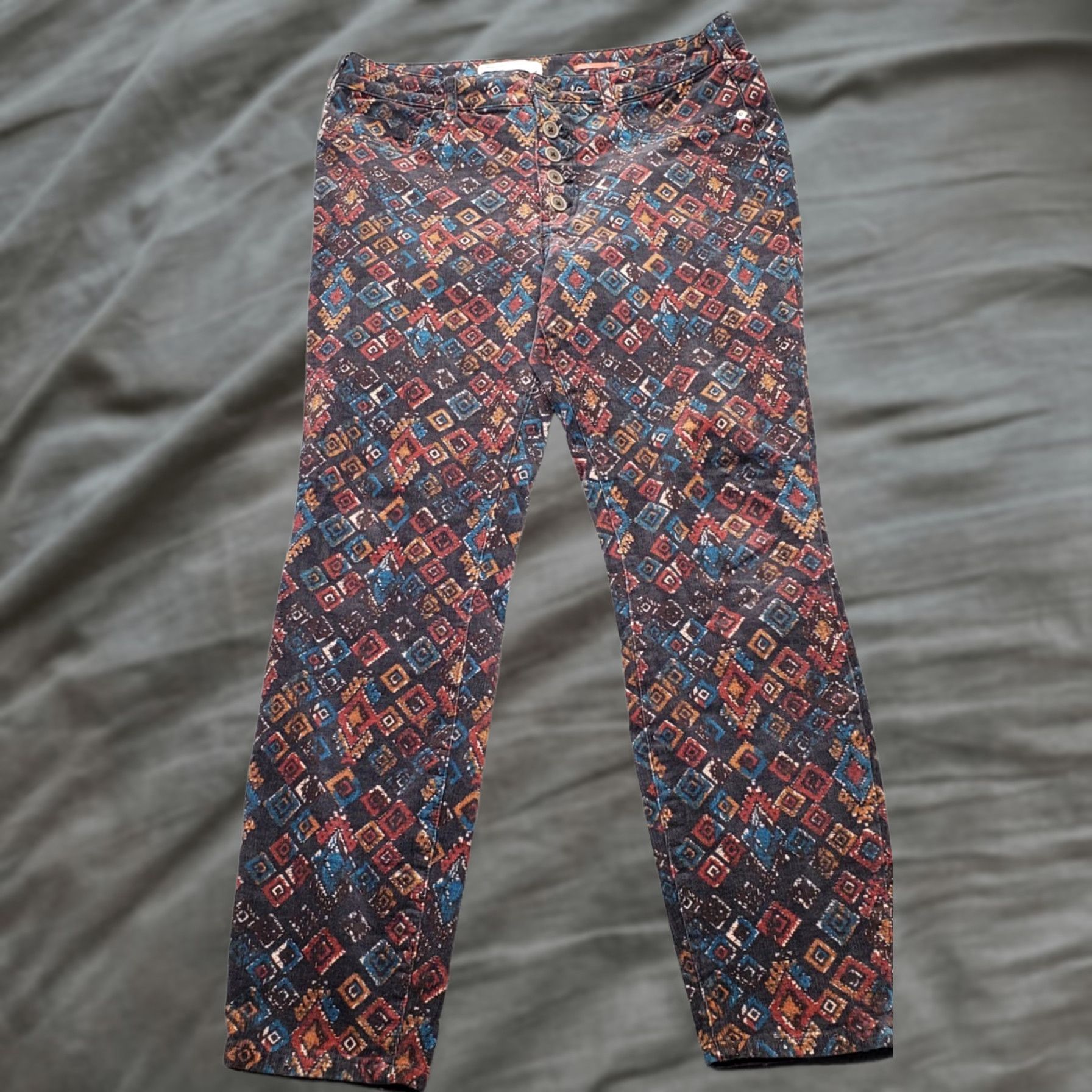 Anthropologie Anthropologie Pilcro Corduroy Pants Womens 32 Multi Geometric Stretch Button Fly Pants Size 24" / US 00 / IT 34 - 1 Thumbnail