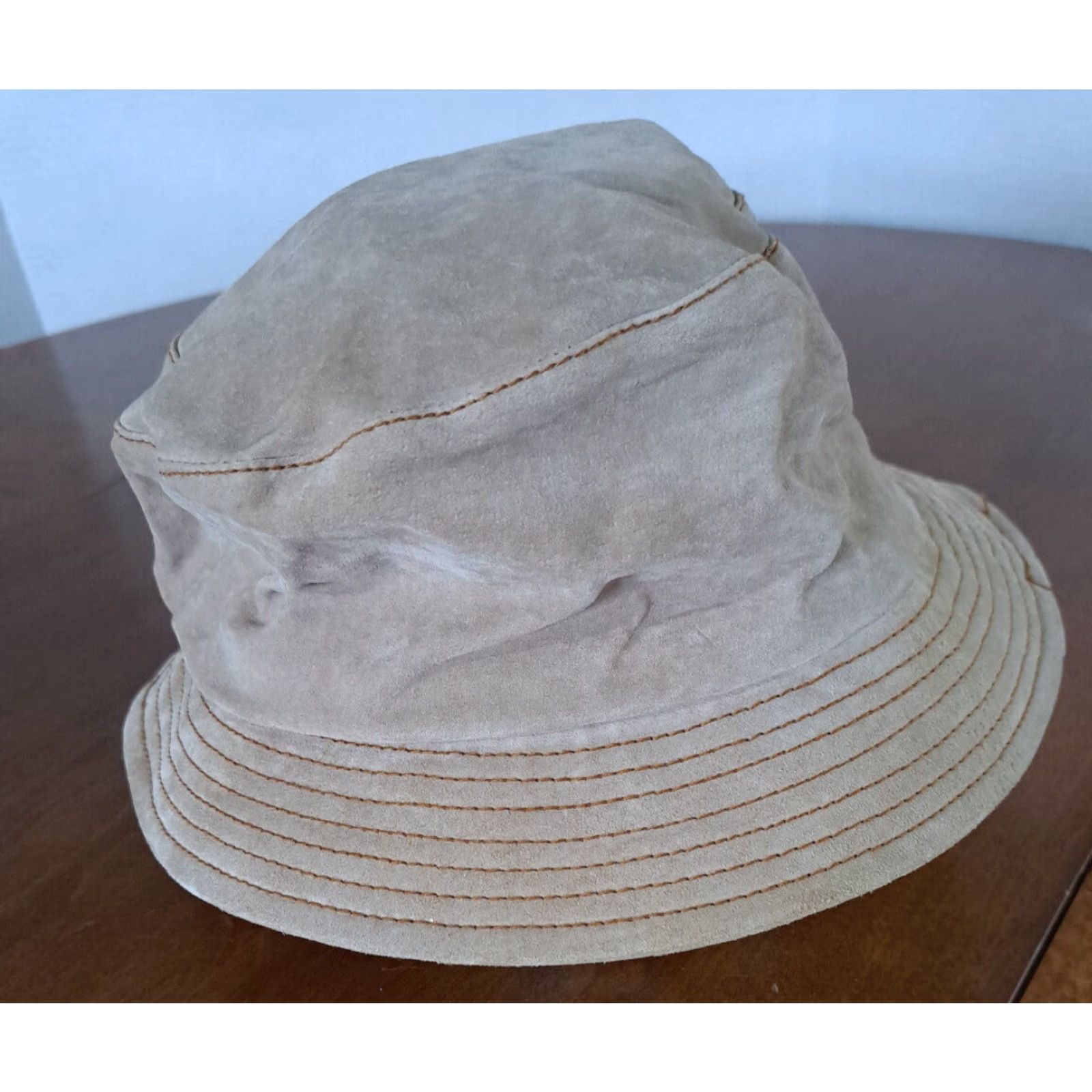 Vintage MIXIT Hat Bucket Woman M Tan Leather 80s Genuine Leather Breathable Silk Lining Brown Size ONE SIZE - 3 Thumbnail