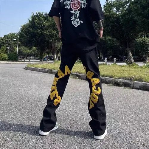 image of Street Letter Embroidered Straight Casual Jeans in Black, Men's (Size 32)