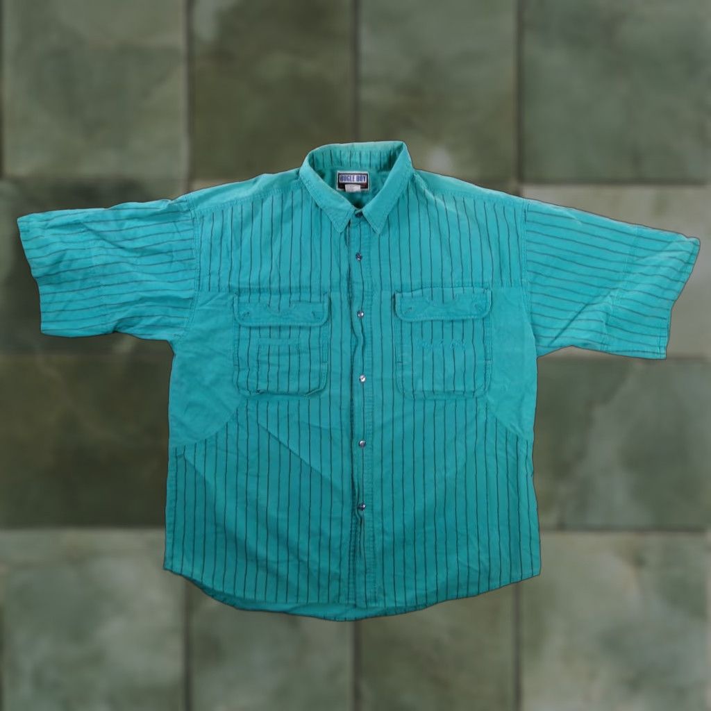 Bugle Boy VINTAGE Bugle Boy Shirt Adult XL Teal Striped Button-Up Cotton Short Sleeve Pockets 90s Mens Size US XL / EU 56 / 4 - 1 Thumbnail