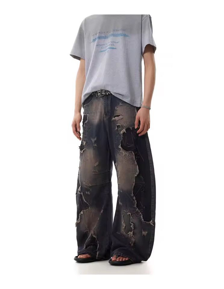 Jean Distressed Retro Streetwear Straight Baggy Jeans Pants Size US 29 - 4 Thumbnail