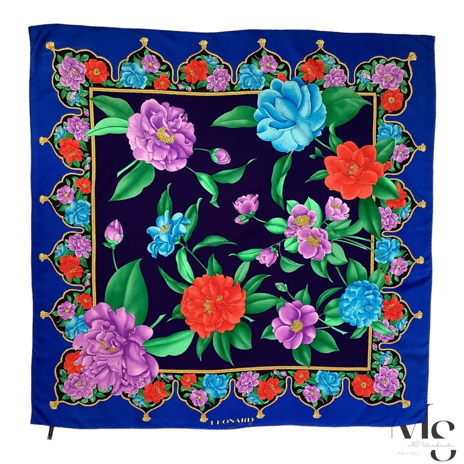 Leonard Paris LEONARD PARIS Blue Floral Scarf Silk Made In Italy 35"-34.5" Size ONE SIZE - 1 Thumbnail