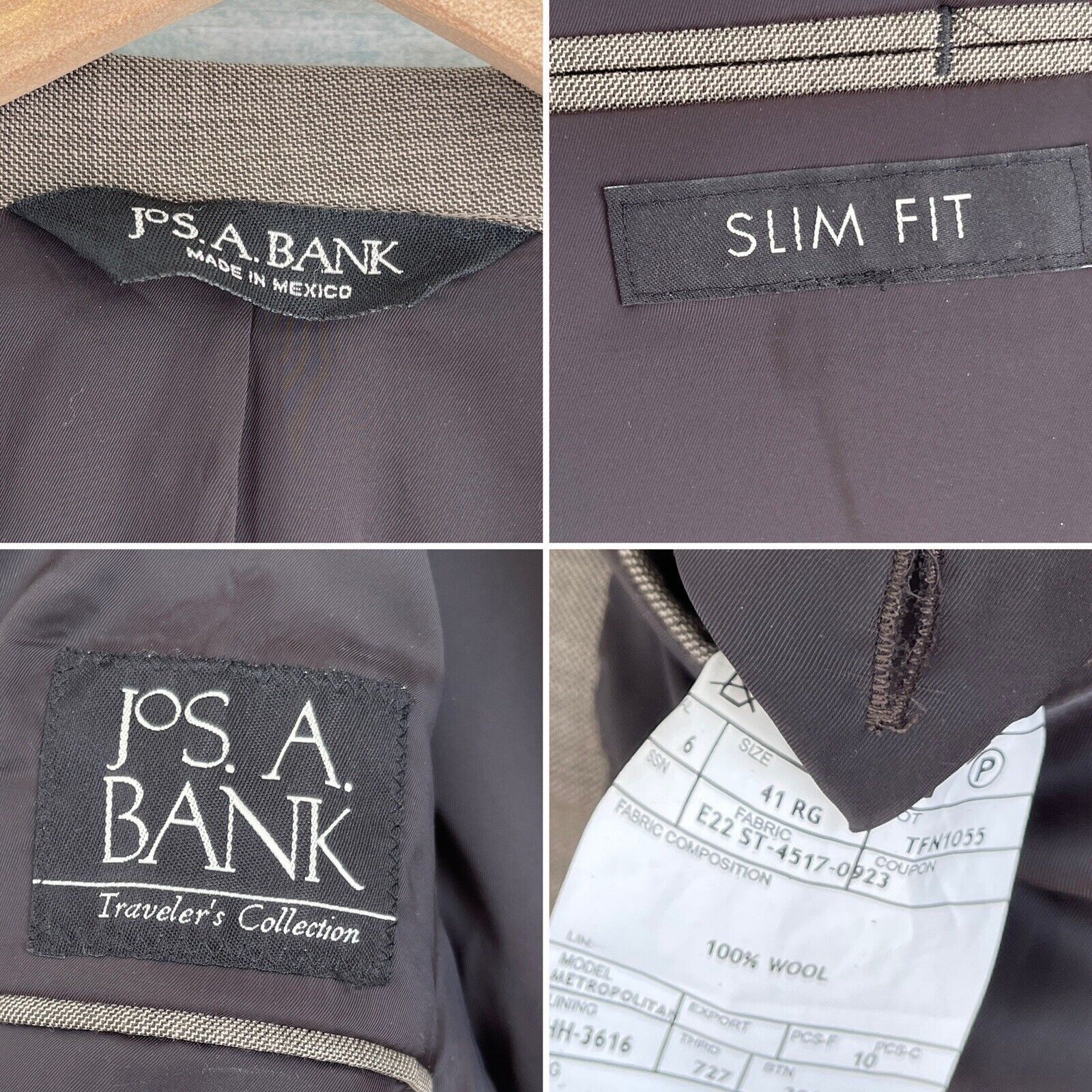 Jos A Bank Travelers Wool Suit Taupe Brown Slim Fit Mens 41R