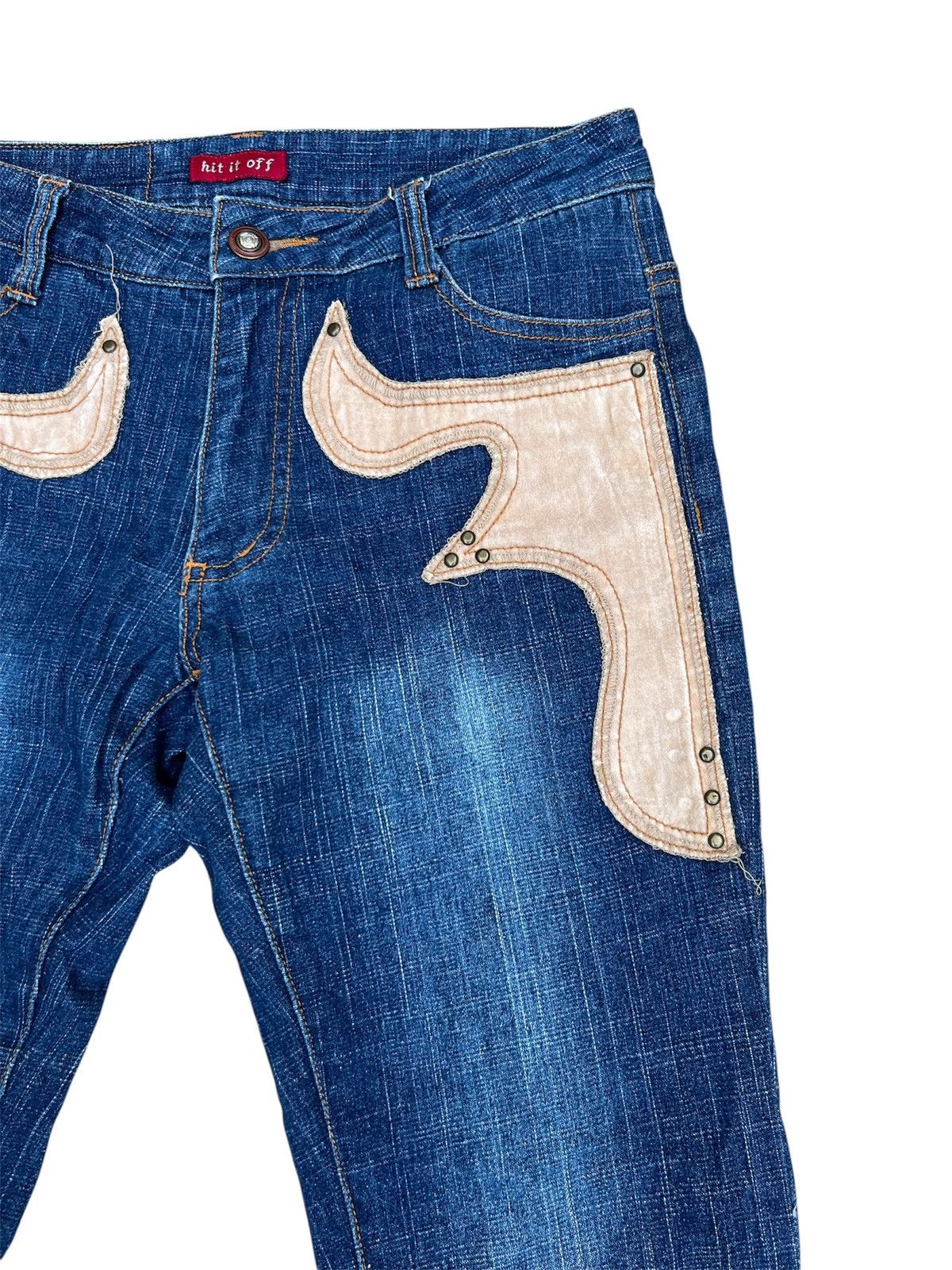 Japanese Brand 💥 LEATHER PATCHWORK FLARED 💥 HIT IT OFF Jeans Size US 27 - 2 Thumbnail
