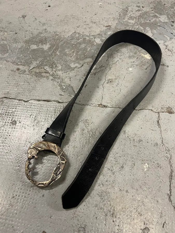 Designer × Just Cavalli × Vintage 2000s Cavalli Snake vs Tiger Buckle Black Leather Belt Size ONE SIZE - 4 Thumbnail