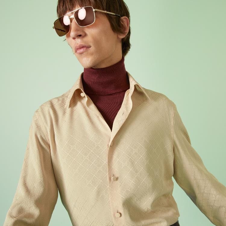 Gucci o1loc1c0226 751054 GG Silk Crêpe Shirt in Beige Size US L / EU 52-54 / 3 - 5 Thumbnail
