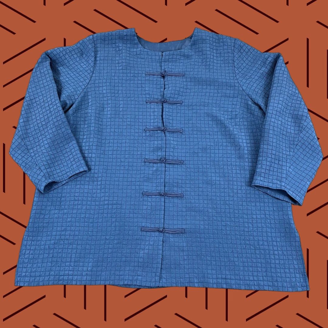 Vintage MAGGIE BARNES Shirt Womens 4X 30/32 Blue Crinkle Grid Asian Art to Wear Jacket Shirt Size XXL / US 16-18 / IT 52-54 - 1 Thumbnail