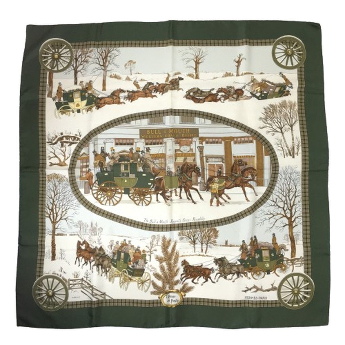 image of Hermes Carre 90 Bull＆mouth Western Coach Office Silk Scarf in Green, Women's