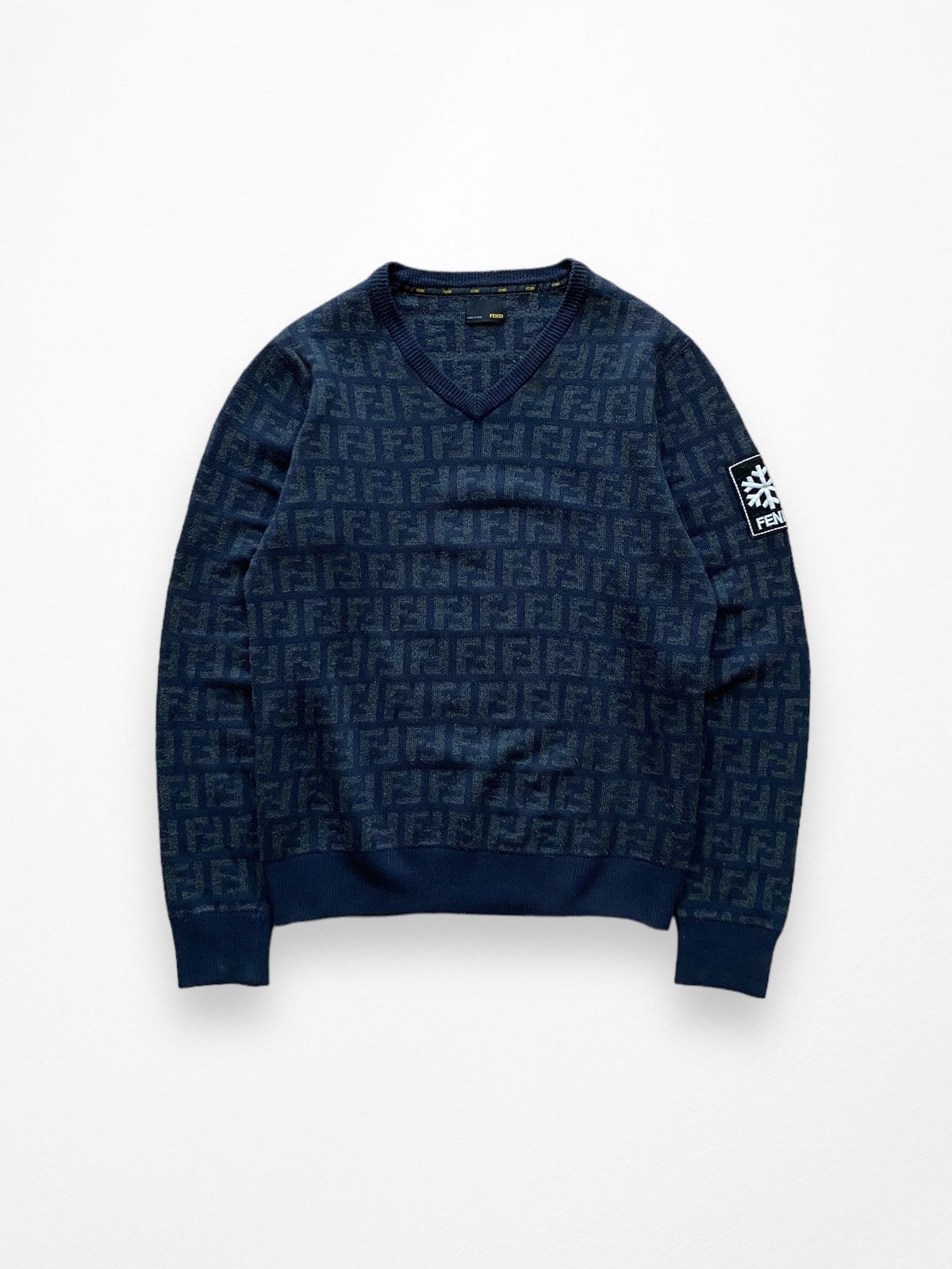 image of Fendi Vintage Monogram V Neck Wool Snowflake Sweater Jumper in Gray/Navy, Men's (Size Medium)