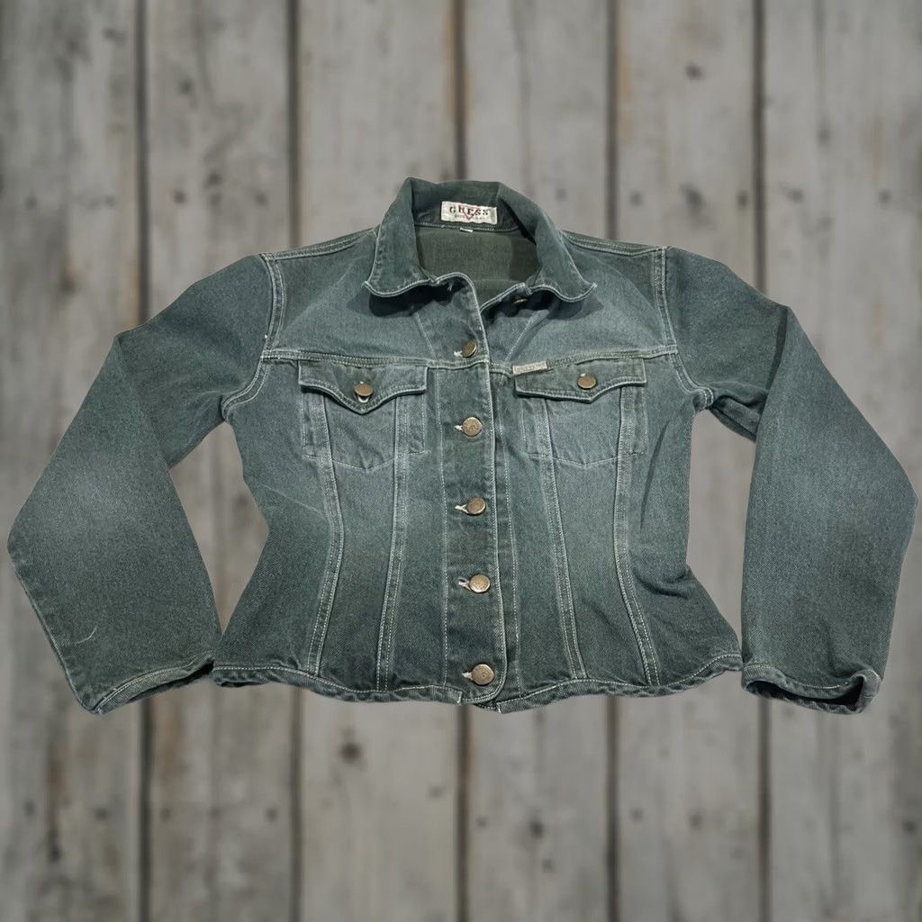 Guess VINTAGE GUESS Denim Jacket Women’s M Short Long Sleeve Green 80s USA Classic Biker Pockets Button Size 32" / US 10 / IT 46 - 1 Thumbnail