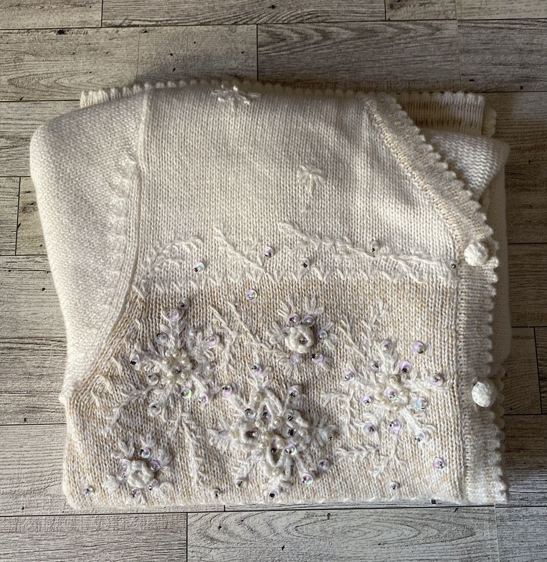 Vintage, Beige, Snowflake Embroidered, Button Down Sweater