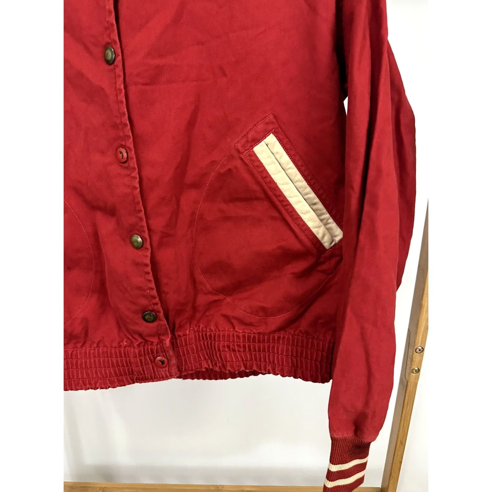 Vintage VTG Faul & Crymes Denton Striped Trim Varsity Bomber Jacket Sz 34 Womens 34 Red Size XXS / US 00 / IT 34 - 7 Thumbnail