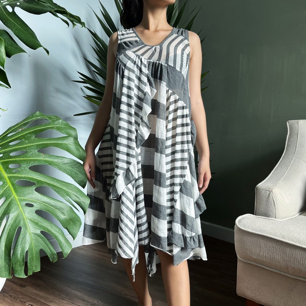 image of Tsumori Chisato Stripped Patchwork Mesh Dress, Women's (Size Large)