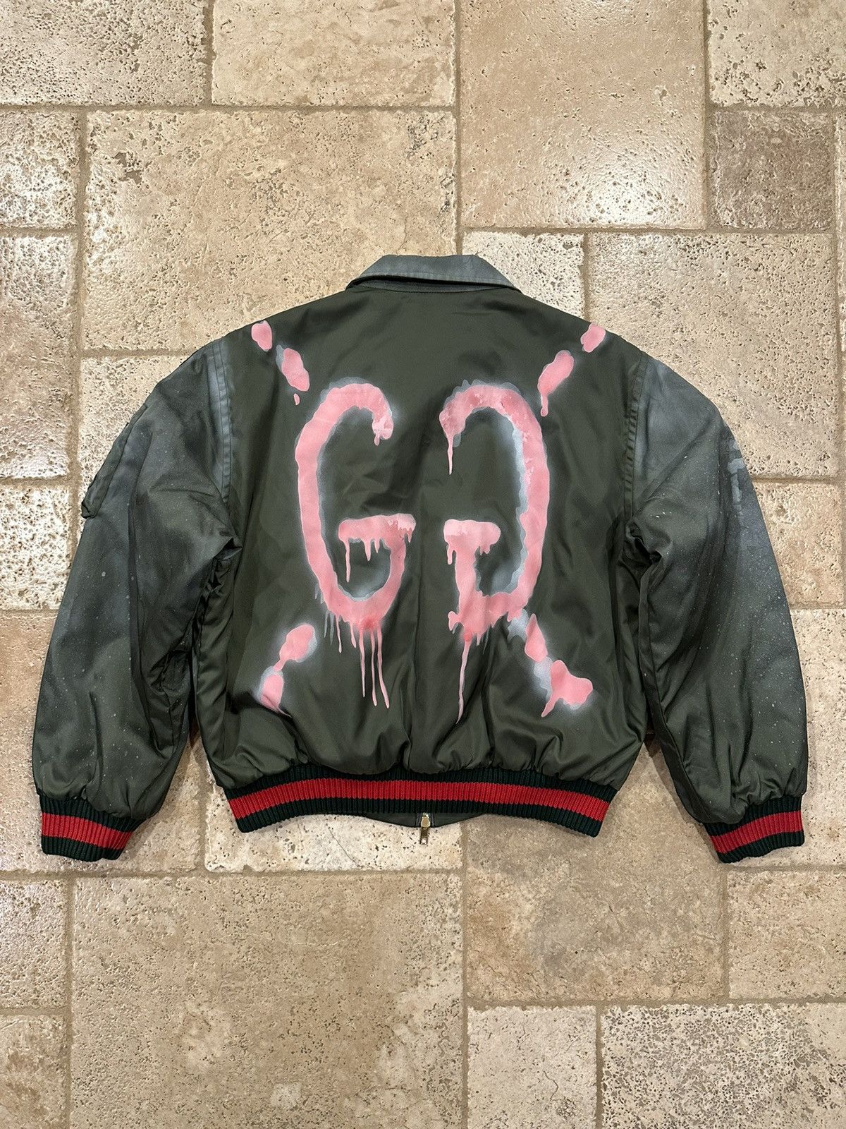 Gucci Hand Painted Ghost Bomber Olive Green Jacket